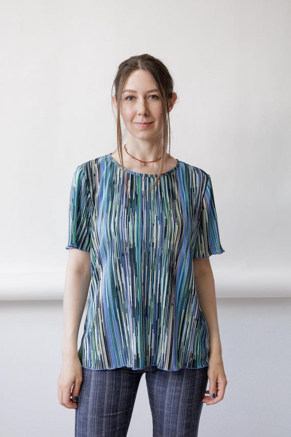 90s Micro Pleated Top Vintage Blue Broken Stripe Plisse Lettuce Edge Blouse Size M