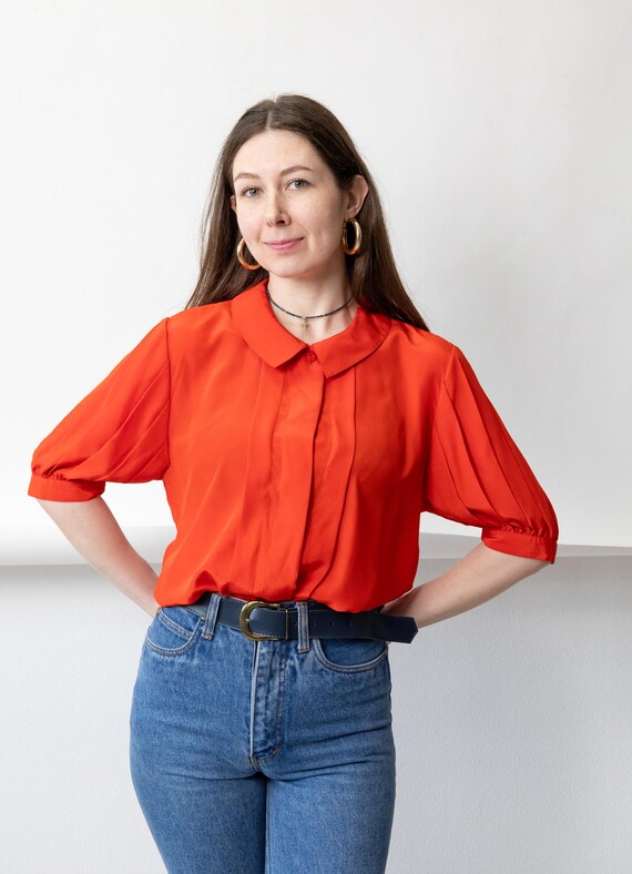 90s Red Peter Pan Collar Blouse Vintage Pleated Coquette Puff Sleeve Top Size M