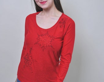 Pulloverblouse met sneeuwvlokprint, jaren 90, vintage blouse met lange mouwen in rood, maat M