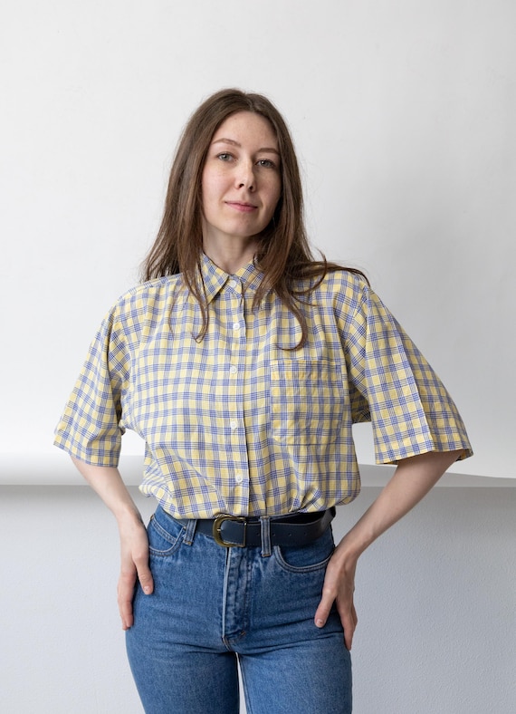 90s Yellow Blue Plaid Shirt Vintage Check Oversized Short Sleeve Preppy Blouse Size M