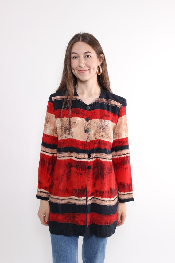Vintage Floral print Boho Blouse, 90s Red Button Up Top Shoulder Pads, Size M