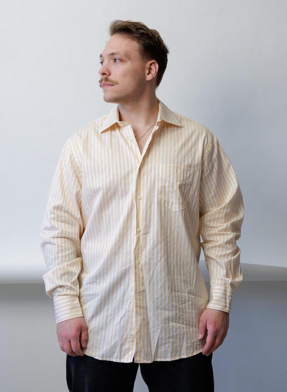 Butter Yellow Pinstripe Shirt Long Sleeve Cotton Mens 90s L