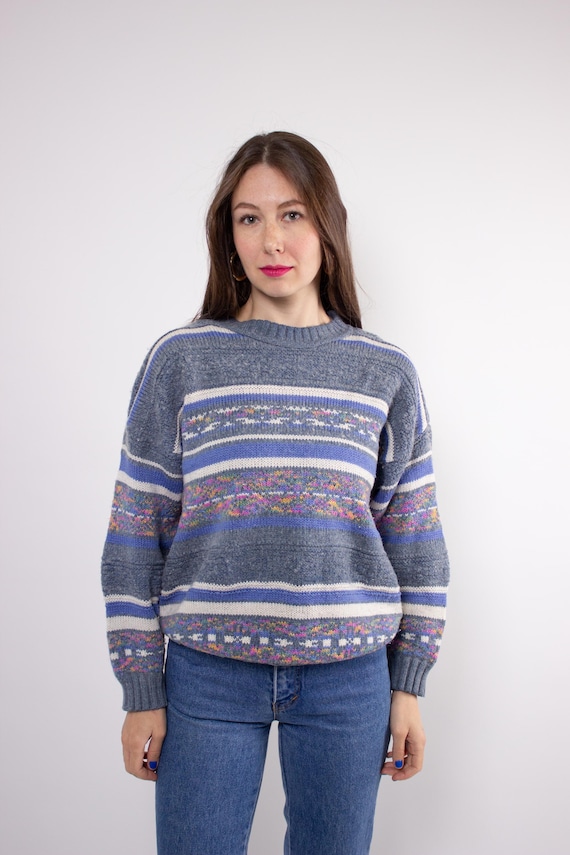 Vintage 90s Wool Knit Sweater Made in Italy, Blue Striped Retro Pullover, Size M