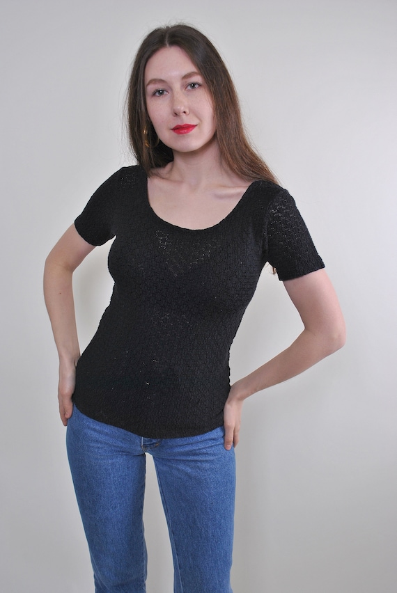Black Pointelle Knit Top Scoop Neck Fitted Y2K Indie Sleaze Tee Size M