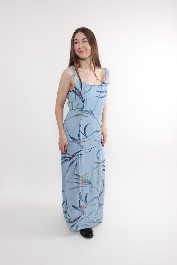 Vintage floral print maxi dress, 90s nature inspired sleeveless summer dress blue, Size M