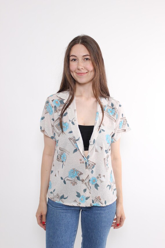 Vintage 90s Blue Rose Geometric Blouse, Cream Turquoise Floral Lapel Overshirt