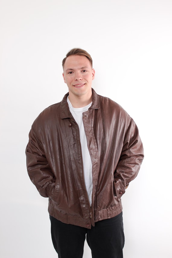 Vintage 80s Brown Leather Jacket, Retro Men’s Oversized Leather Coat with Lining, Size XL