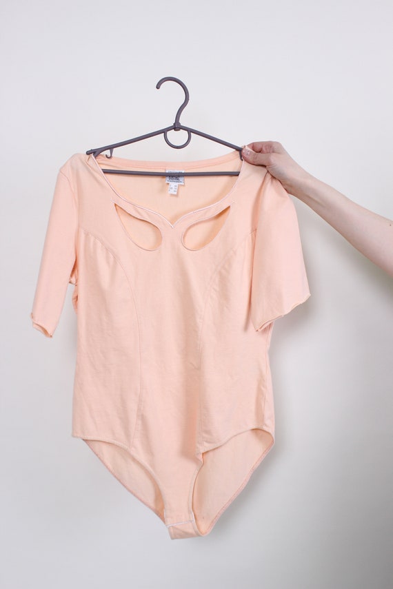 90s Beige Cutout Bodysuit Vintage Short Sleeve Keyhole Top Size M