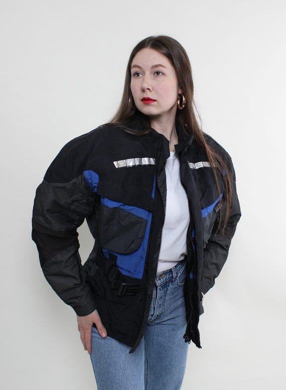 90s Motorcycle Jacket Vintage Black Blue Colorblock Nylon Racing Reflective Size M