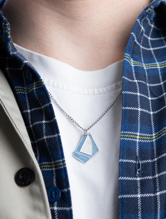 Sailboat necklace reworked vintage travel romantic pin blue enamel geometric pendant upcycled jewelry