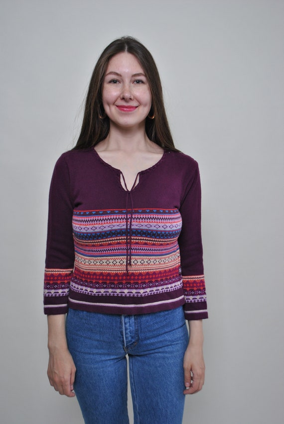 90s Vintage Aztec Knit Sweater: Purple Tie Neck, Size S