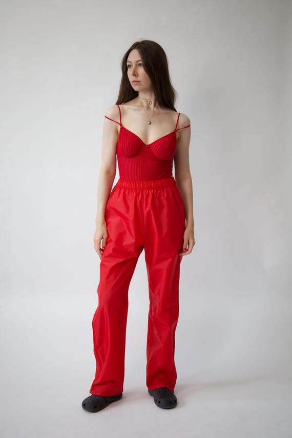 90s K-Way Red Nylon Track Pants Vintage Elastic Waist