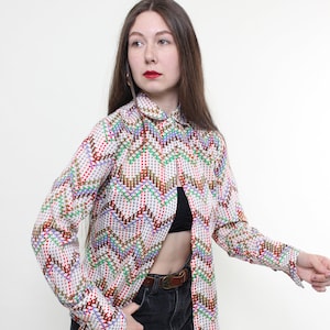 90s abstract print multicolor blouse, vintage colorful button front blouse, Size M