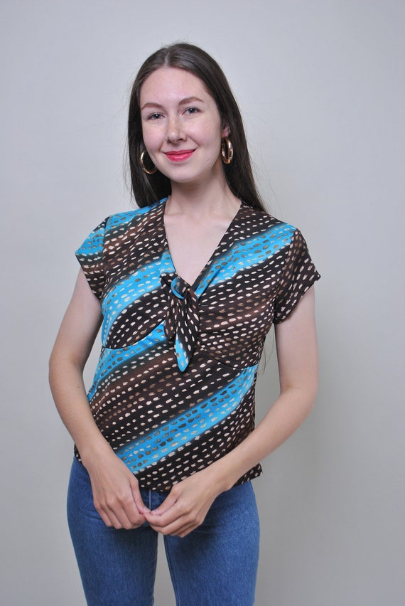 90s striped print blouse in brown, vintage abstract bow tie neck blouse, Size M