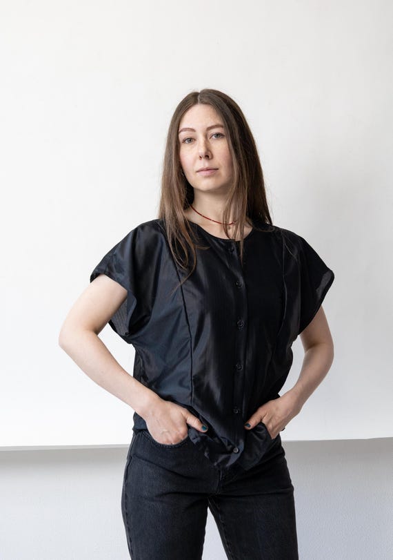 90s Black Evening Blouse Vintage Satin Cap Sleeve Button Up Top Size M