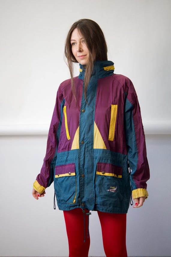 Vintage 90s Colorblock Rain Jacket Purple Teal Yellow Size L