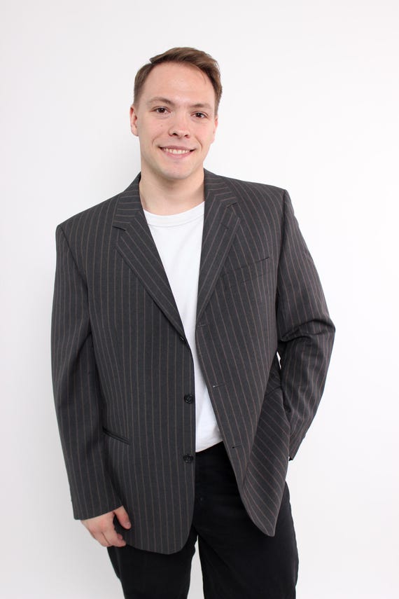 90s Charcoal Pinstripe Blazer Vintage Italian Wool Tailored Single Breasted Sport Coat Size XL