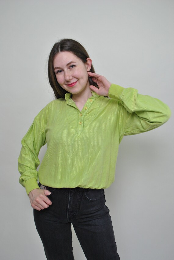 80s Lime Green Shimmer Blouse Blouson Sleeve Band Collar Vintage Pullover Satin Top Small