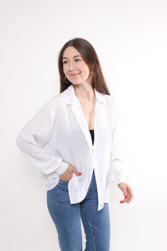 Vintage 90s White Eyelet Collar Blouse, Sheer Broderie Anglaise Romantic Top