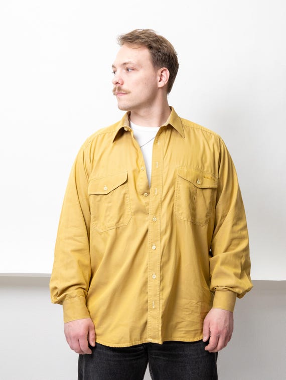 Tan Cotton Overshirt 90s Military Two-Pocket Workwear Button-Up Men L