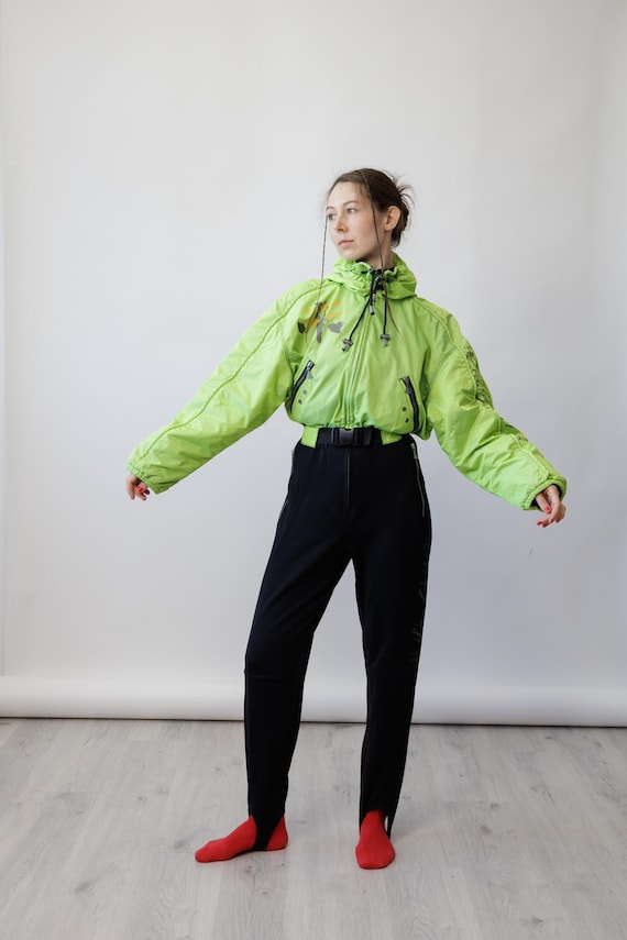 90s Lime Green Black Vintage Ski Suit Stretch Stirrup Pants Hooded One Piece Snowsuit Size S