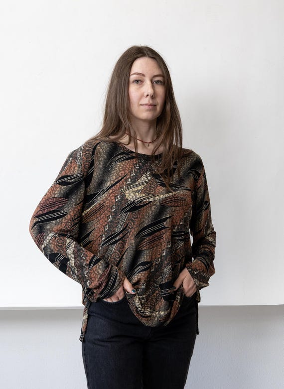 90s Abstract Print Top Vintage Brown Leopard Tribal Oversized Stretch Blouse Size L