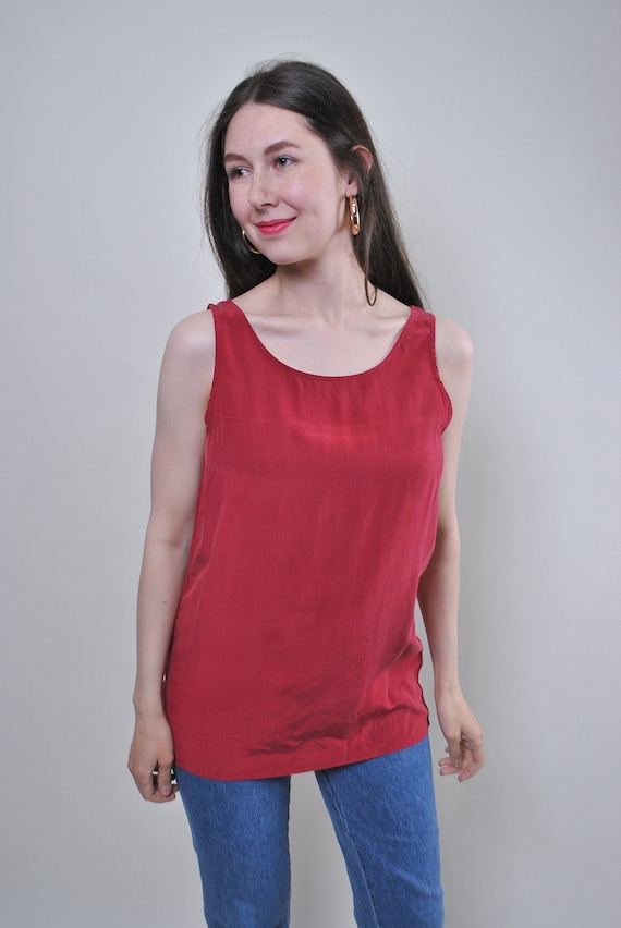 90s Red Sleeveless Top Scoop Neck Vintage Longline Minimalist Shell Tank Tunic Size M