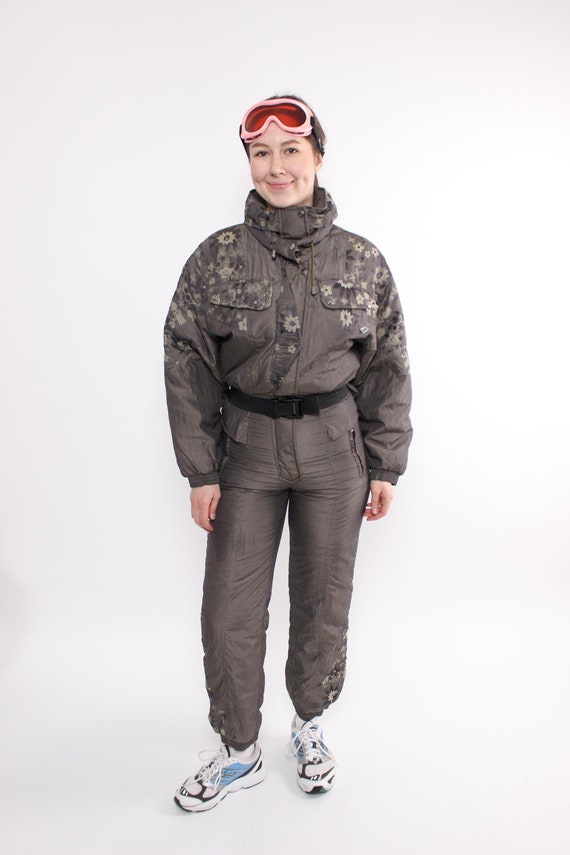 Vintage 90s one piece ski suit, Retro womens snowsuit in green, Size S