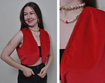 90s lace crop top, red color Italian vest SMALL size vintage velvet bolero