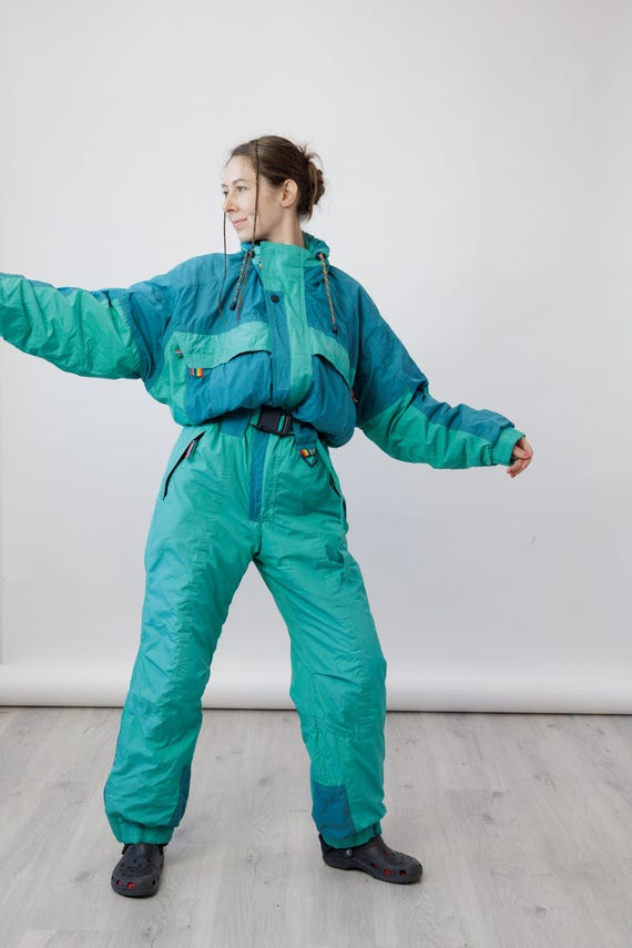 Sergio Tacchini Teal Mint Colorblock Vintage Mens Ski Suit Jumpsuit with Hood Size L
