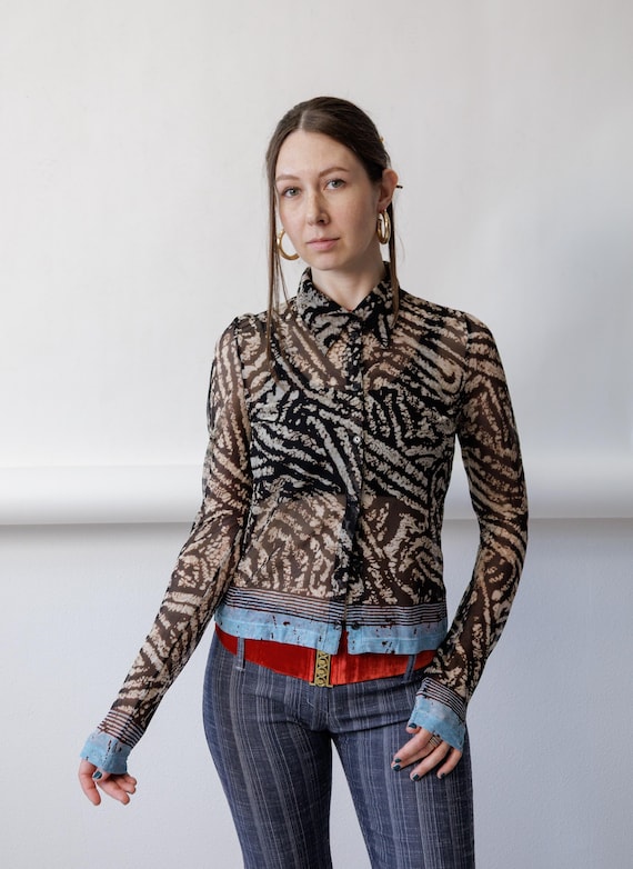 Y2K Sheer Mesh Top Abstract Animal Print Vintage Long Sleeve Blouse, Size M