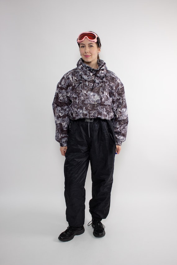 90s One Piece Ski Suit, Vintage Black Abstract Snowsuit Winter Jumpsuit, Size L