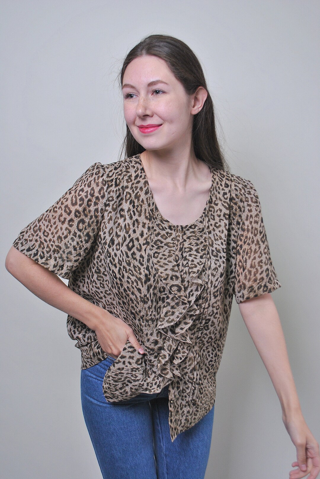 Vintage 90s Leopard Blouse, Ruffle Blouse, Pullover Loose Ruffled ...