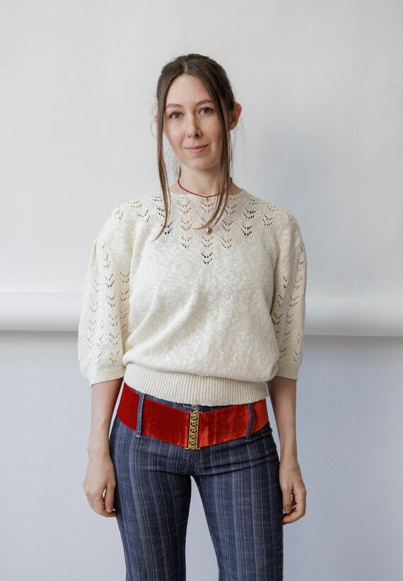80s Cream Pointelle Knit Jumper Puff Sleeve Openwork Vintage Crew Neck Cotton Sweater Medium