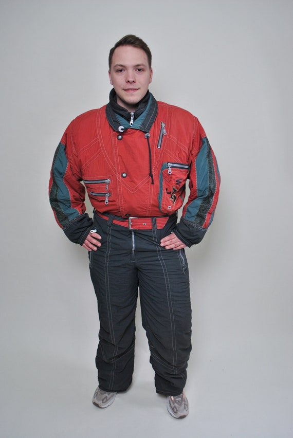 90s Vintage One Piece Ski Suit: Retro Red & Gray Snowsuit (L)