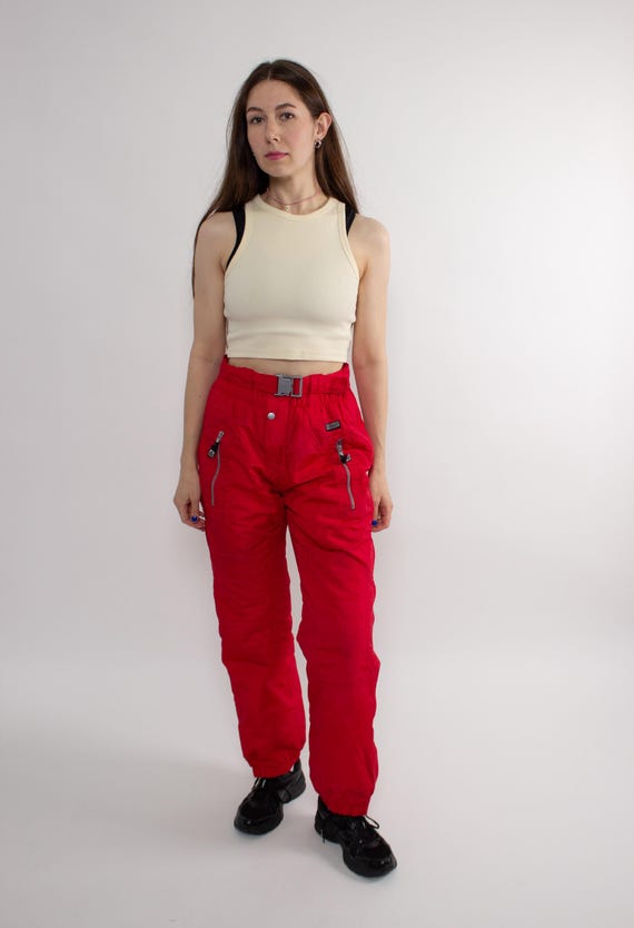 Vintage 90s Red Ski Pants – High Waist Nylon Snow Pants with Belt, Size M