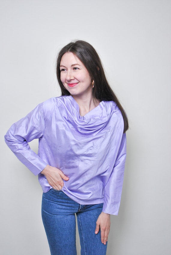 Y2k Lilac Cowl Neck Blouse Draped Long Sleeve Satin Evening Top Large