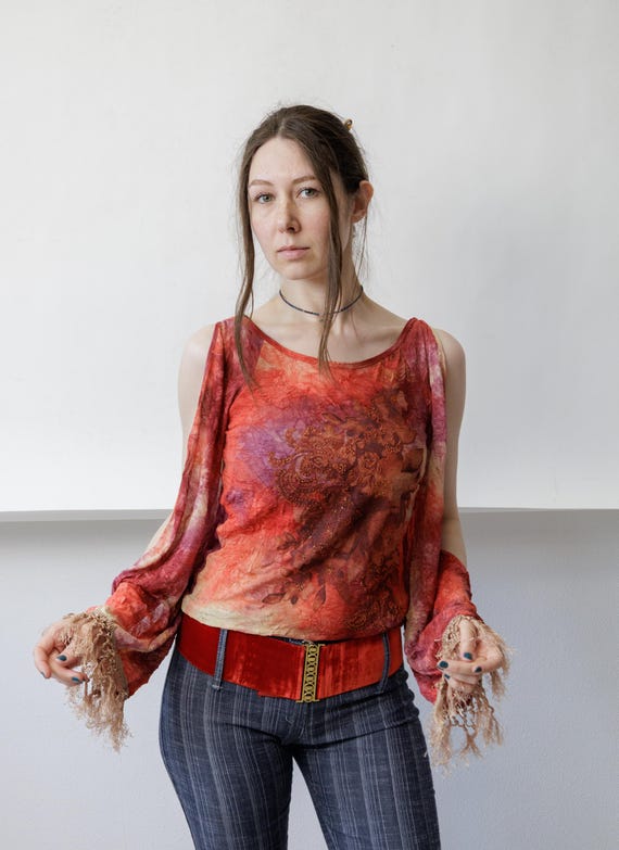 Y2k Tie Dye Mesh Top Cold Shoulder Macrame Fringe Sleeve Glitter Boho Blouse M