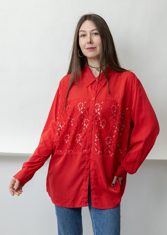 90s Red Sequin Lace Blouse Vintage Oversized Button Up Longline Sheer Panel Size L