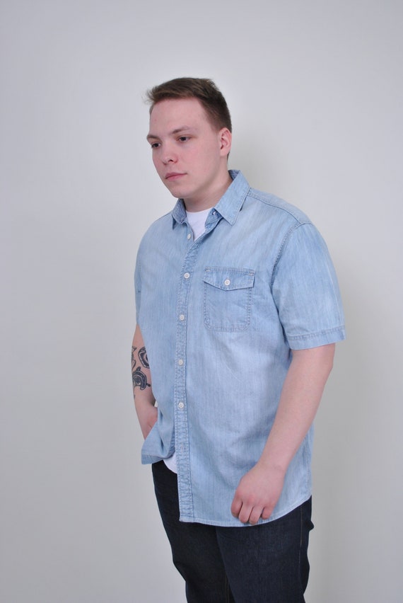 Y2k Denim Shirt, Blue Jeans Button up LARGE Size Men Worker