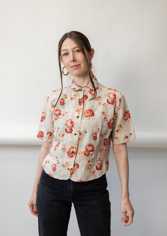 90s Rose Print Cropped Blouse Vintage Quilted Cotton Camp Collar Shirt Size M