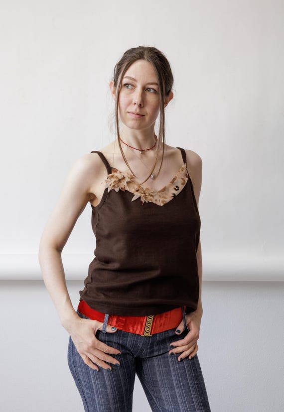 Y2K Chocolate Brown Cami Vintage Leopard Chiffon Trim 3D Flower Applique Tank Size S