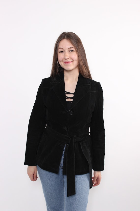 Vintage 90s Black Leather Trench Jacket - Women's Size S/M, Classic Fall Fashion