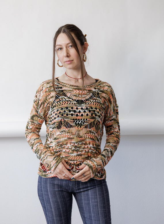 Y2k Open Crochet Knit Top Multicolor Space Dye Stripe Sheer Boho Festival Size M