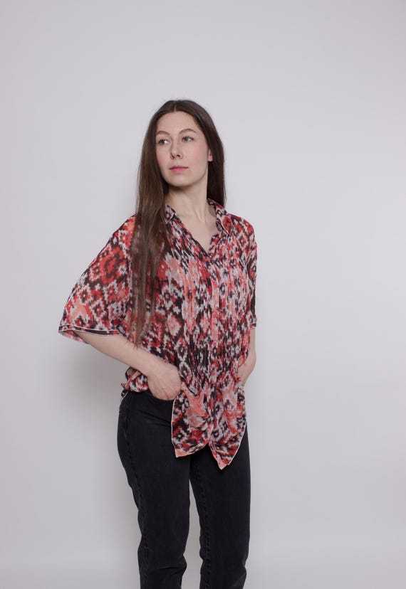 Vintage Boho Tunic Blouse Medium, Abstract Print Button Up Shirt, Y2K Bohemian Flowy Top