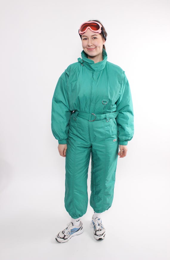 80s Green One Piece Ski Suit, Vintage High Waist Women's Snowsuit, Size M