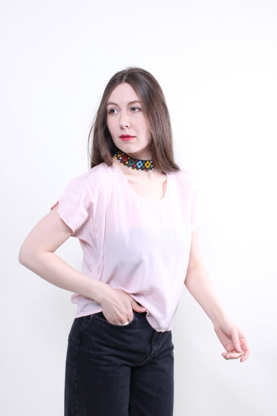 Blush Pink Cap Sleeve Top Bow Sleeve Detail Silky Vintage 90s L