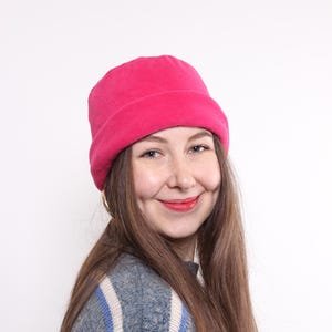 90s fleece beanie hat, vintage winter sportswear hat in pink, ONE SIZE