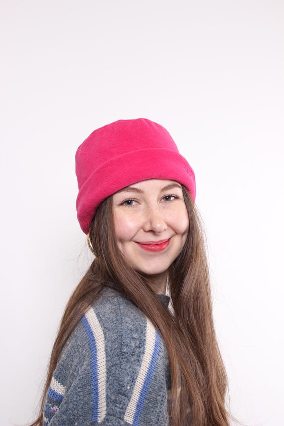 90s Fleece Beanie Hat, Vintage Winter Sportswear Hat in Pink, ONE