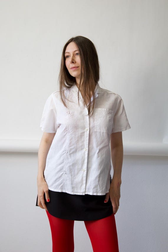 White Linen Cotton Embroidered Blouse Short Sleeve Size M